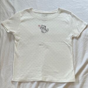White Eyelet Short Sleeve Tee with Cat Design